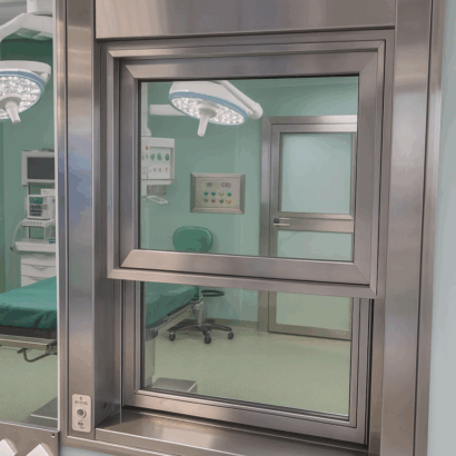 Ventana guillotina con apertura automatizada de ICMINOX instalada en quirófano, con vidrio plomado para protección de rediaciones y niveles de presión